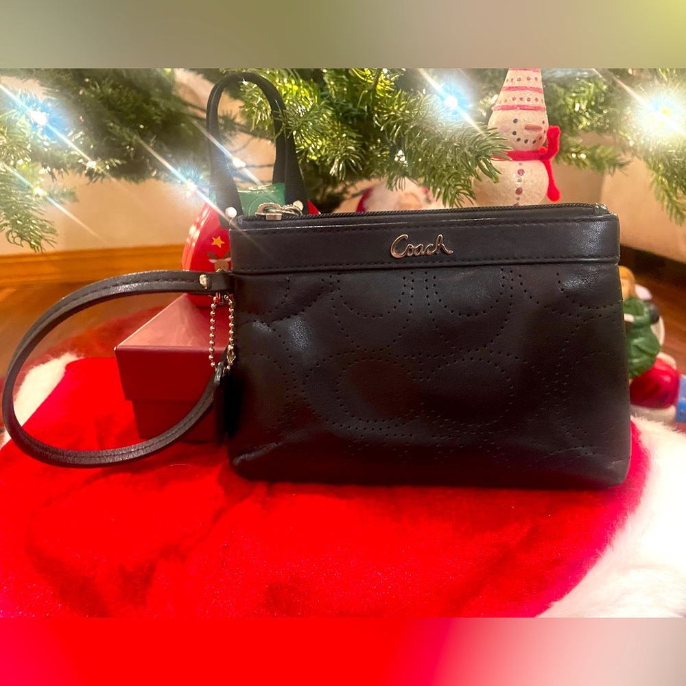 Perforated Leather Black Coach Wristlet